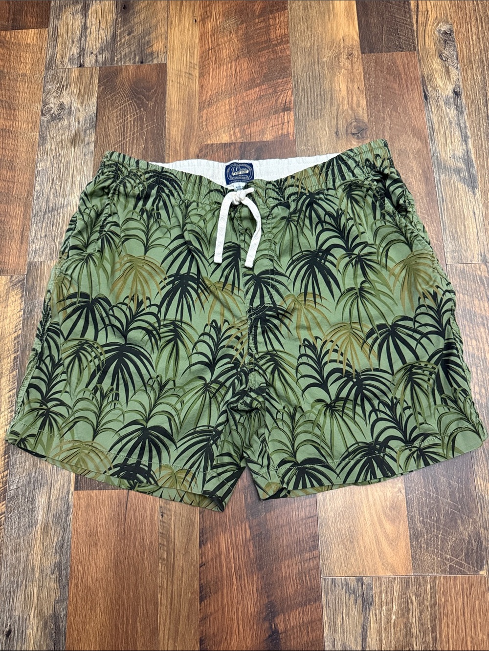 J.Crew Factory Palm Print Pull-On Shorts Large Olive Green Stretch Cotton
